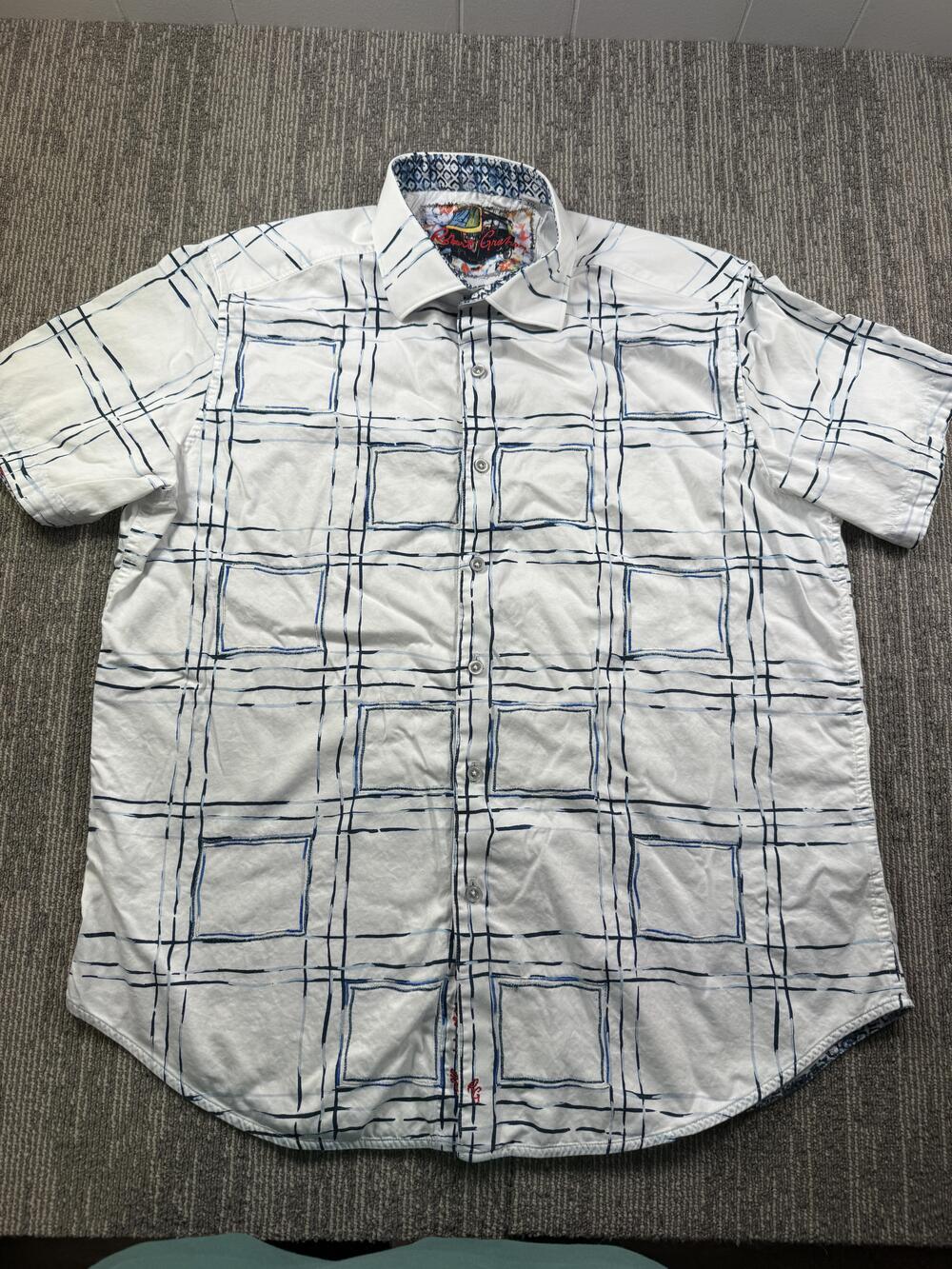 Robert Graham Shirt Mens XL White Geometric Short Sleeve Button Up Casual Woven